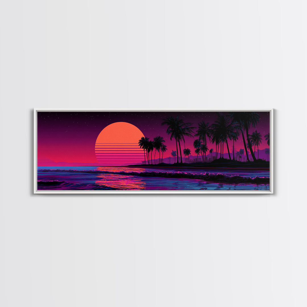 Neon Tropical Palm Sunset Canvas Print, Retro Beach Wall Art, Synthwave Coastal Decor, Vibrant Living Room Poster, Dopamine Decor Gift