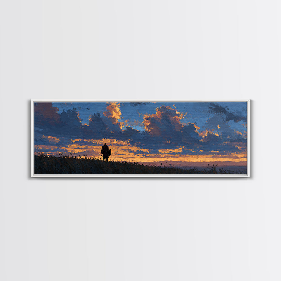 Dramatic Lone Figure Under Fiery Clouds Wall Art, Moody Sunset Landscape Canvas Print, Rustic Nature Decor, Gift For Him Or Her