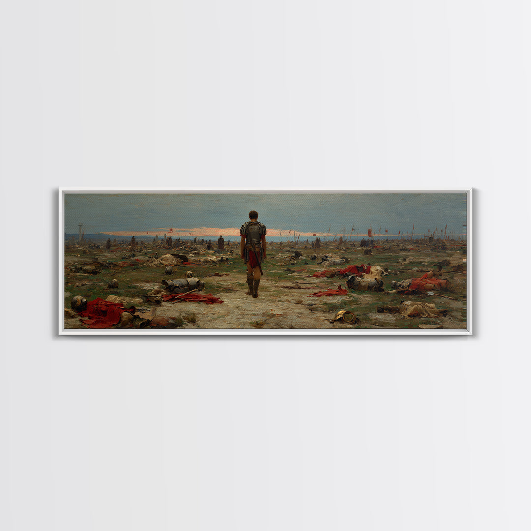 Lone Soldier Crossing Battlefield Wall Art, Panoramic Historical Landscape Canvas Print, Masculine Office Living Room Decor