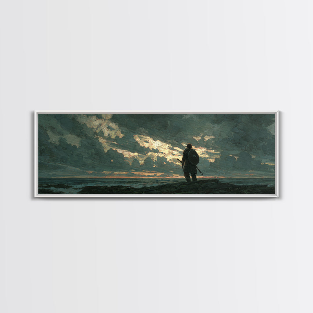 Lone Shield Warrior Under Stormy Coastal Sky Wall Art, Moody Seascape Landscape Print, Masculine Office Decor Gift For Him