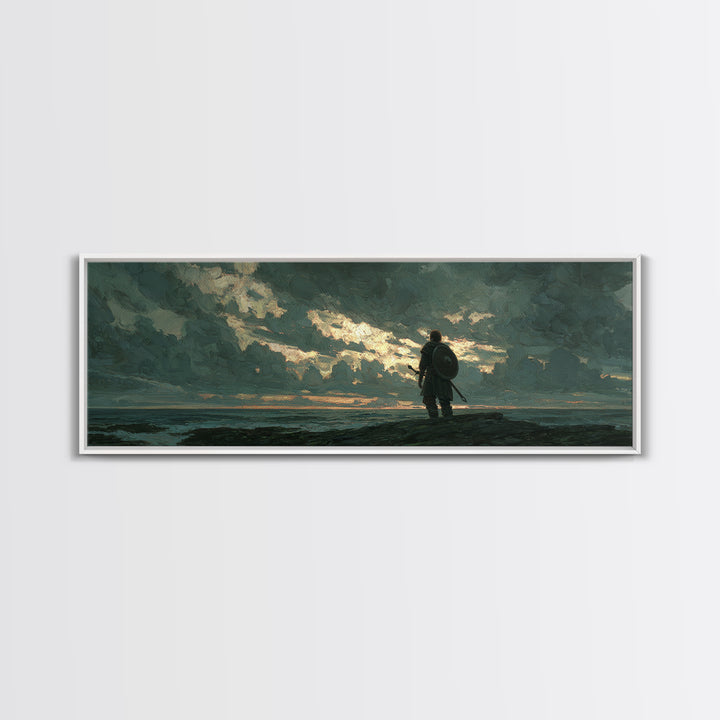 Lone Shield Warrior Under Stormy Coastal Sky Wall Art, Moody Seascape Landscape Print, Masculine Office Decor Gift For Him