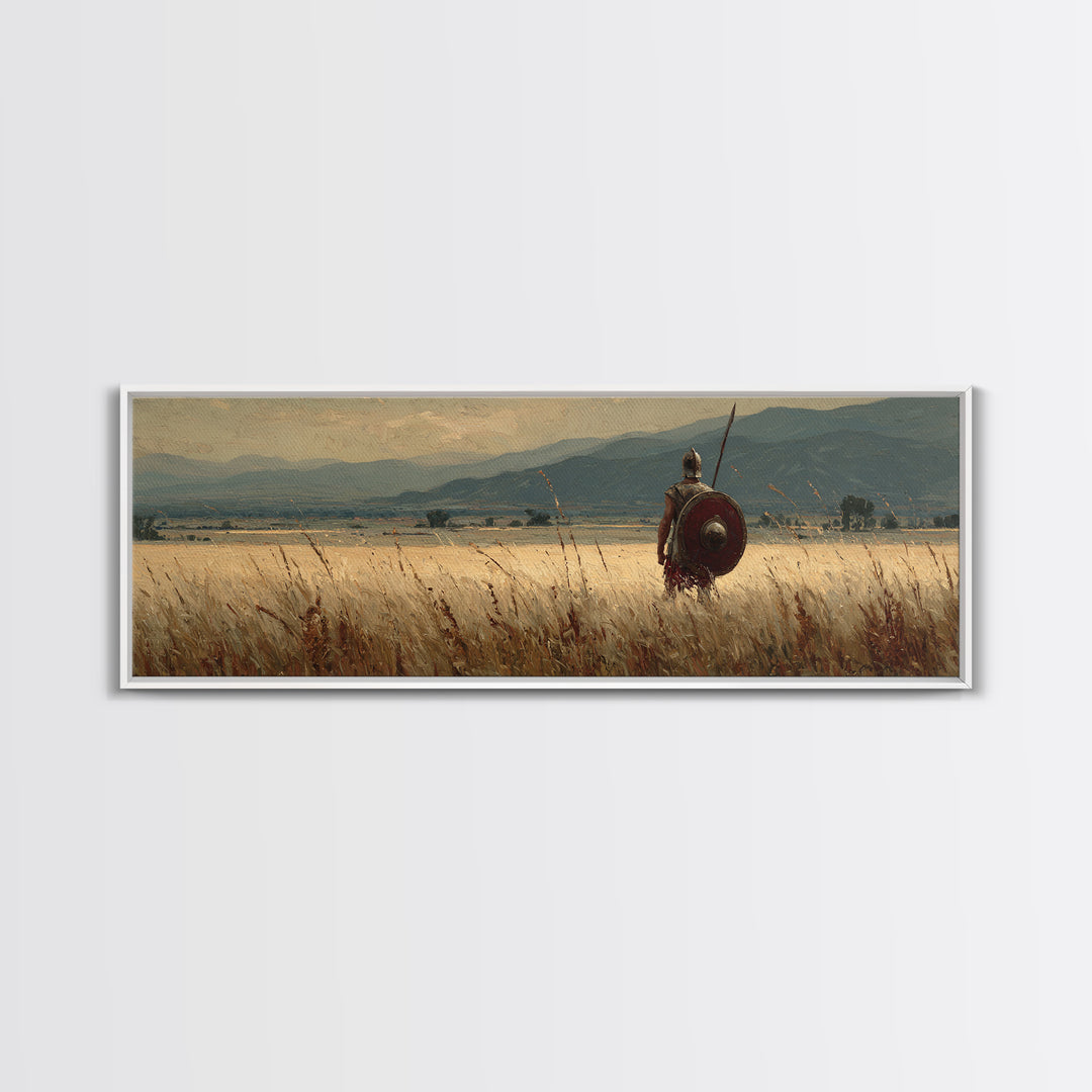 Lone Spearman In Golden Field Canvas Print, Ancient Warrior Landscape, Rustic Wall Art, Historical Decor, Long Horizontal Art