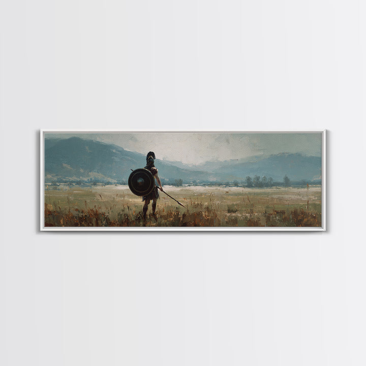 Lone Shield Warrior Landscape Wall Art, Viking Fantasy Canvas, Mountain Battlefield Print, Rustic Medieval Home Decor Gift