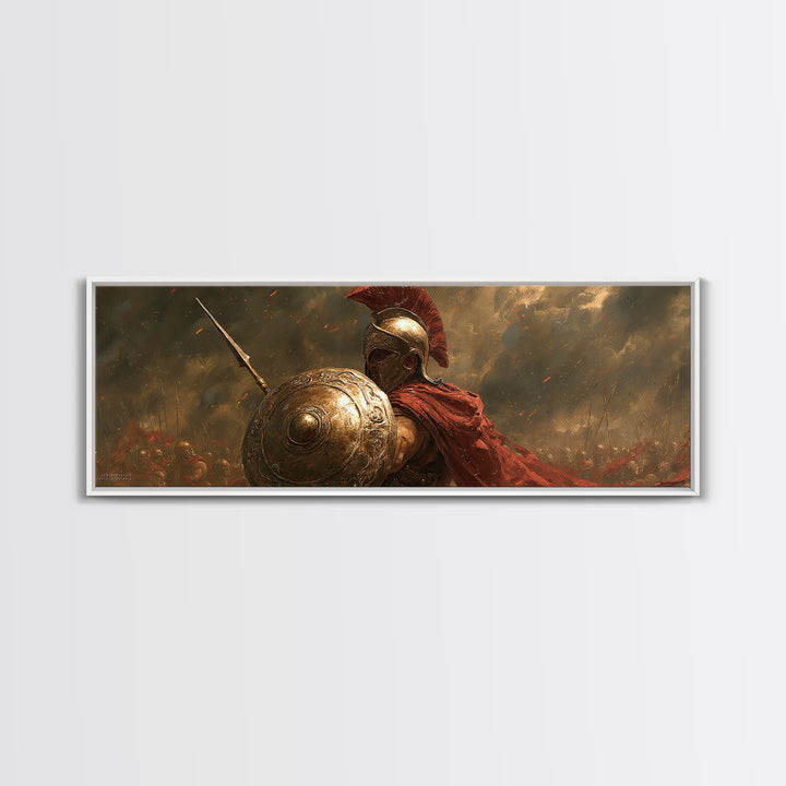 Golden Spartan Warrior With Shield Framed Canvas Print, Greek Mythology Wall Art, Ancient Battle Decor, Gift For Him, Masculine Office Decor
