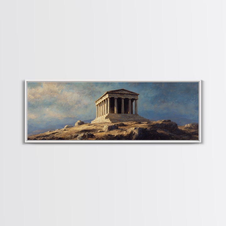 Ancient Greek Temple On Rocky Hill Wall Art, Classical Landscape Painting, European Decor, Large Framed Canvas Print For Home