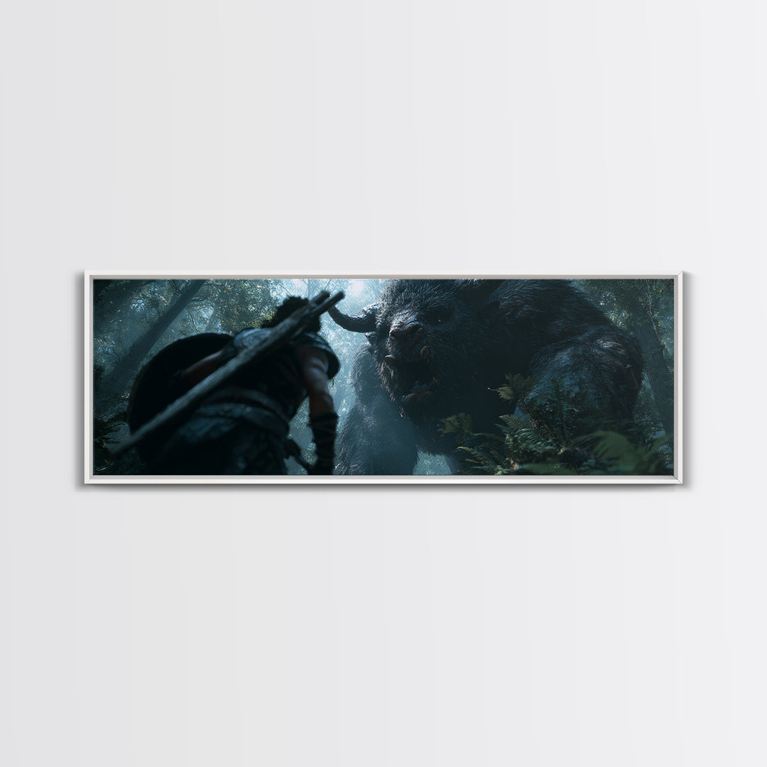 Warrior Facing Giant Forest Beast Canvas Print, Dark Fantasy Wall Art, Mythical Creature Decor, Dramatic Game Room Poster
