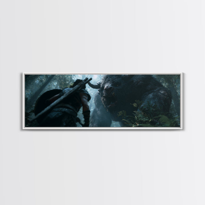 Warrior Facing Giant Forest Beast Canvas Print, Dark Fantasy Wall Art, Mythical Creature Decor, Dramatic Game Room Poster