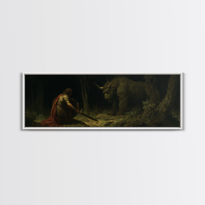 Kneeling Knight Facing Dark Forest Unicorn Wall Art, Mythical Fantasy Canvas Print, Gothic Fairytale Decor Unique Gift For Him