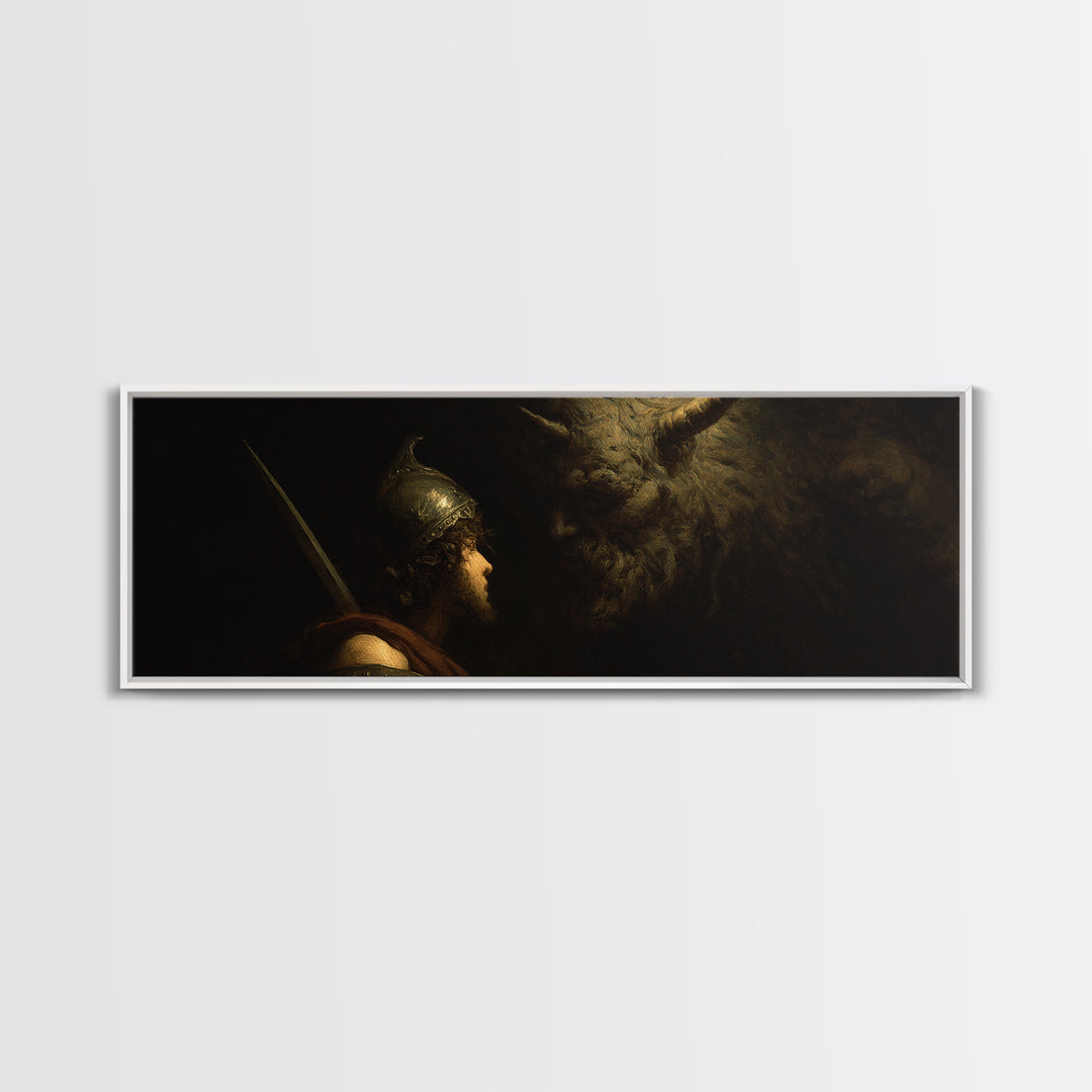 Ancient Warrior Facing Horned Beast Canvas Print, Dark Fantasy Mythology Wall Art, Dramatic Gothic Decor For Living Room