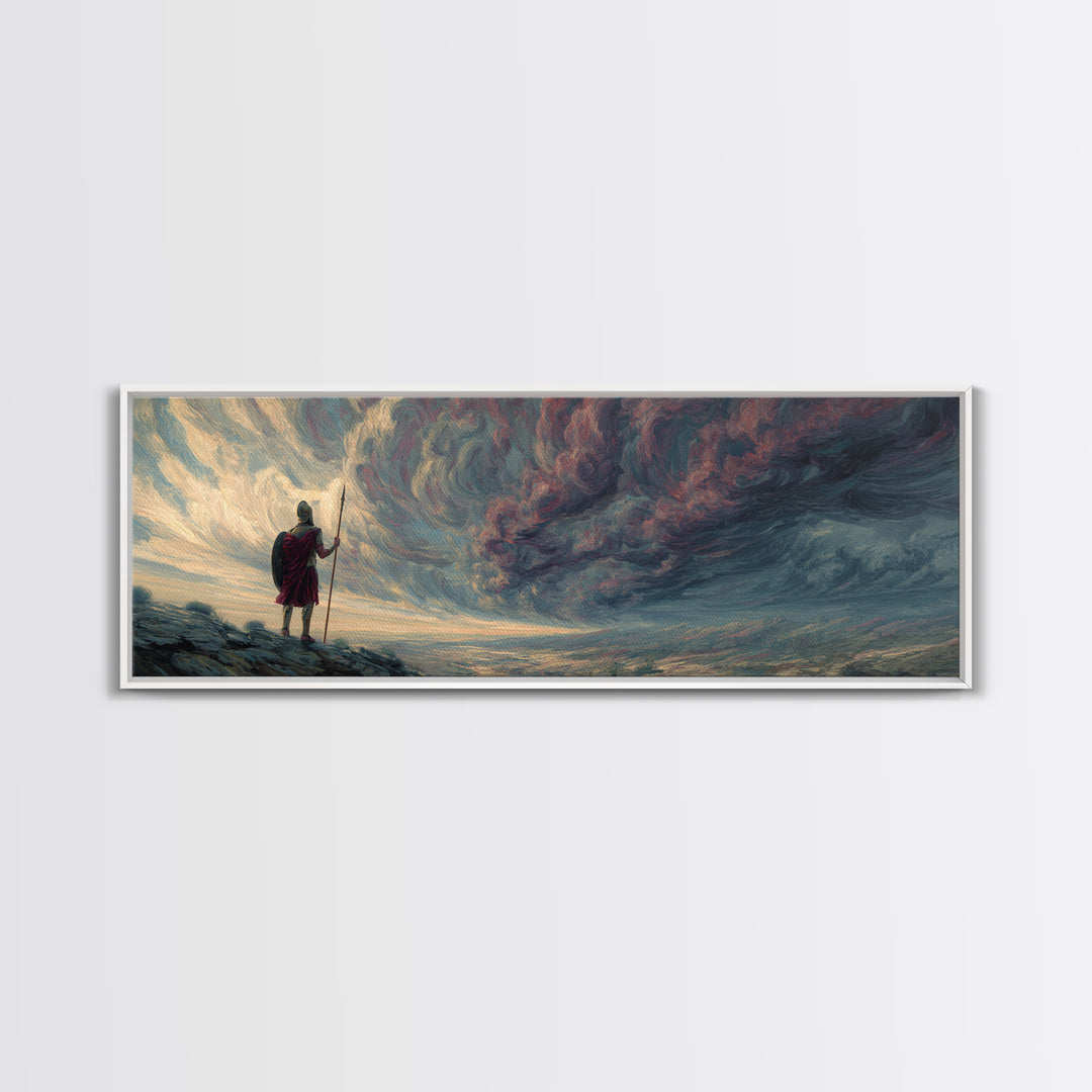 Lone Warrior Under Stormy Sky Wall Art, Dramatic Fantasy Landscape Canvas Print, Moody Large Horizontal Living Room Decor