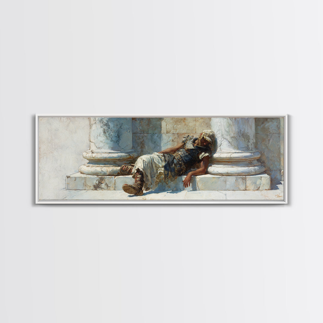 Resting Roman Soldier By Marble Columns Wall Art, Ancient Warrior Oil Painting Print, Classical History Decor, Housewarming Gift