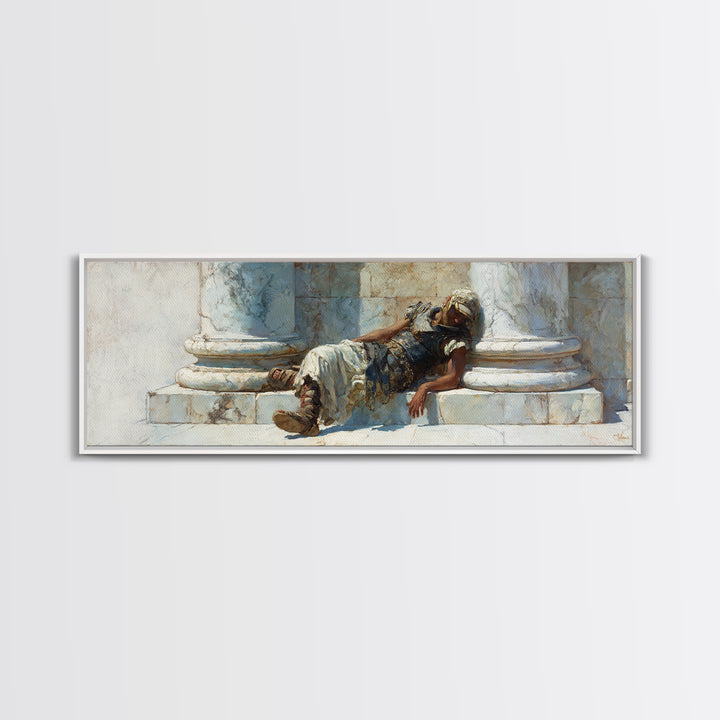 Resting Roman Soldier By Marble Columns Wall Art, Ancient Warrior Oil Painting Print, Classical History Decor, Housewarming Gift