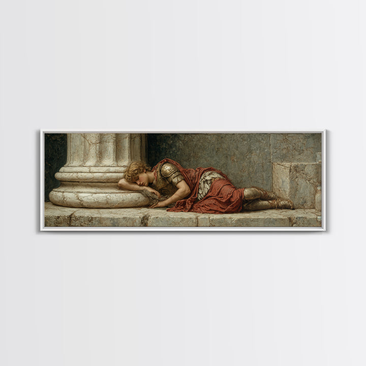 Resting Roman Soldier By Marble Column Framed Canvas Print, Classical Wall Art, Dark Academia Decor, Historical Gift For Him