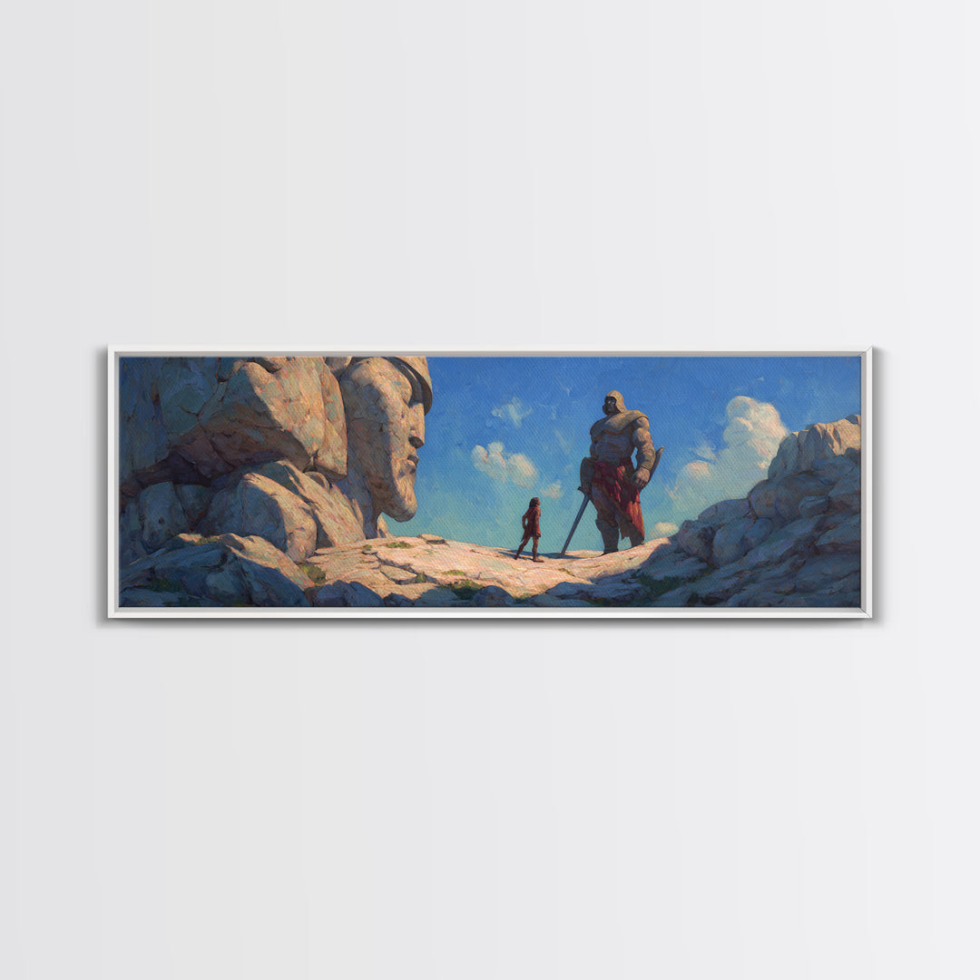 Giant Stone Guardians In Mountain Pass Canvas Print, Epic Fantasy Landscape Art, Dnd Room Decor, Adventure Wall Decor Gift