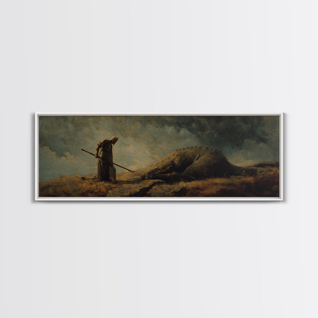 Cloaked Hunter Beside Fallen Giant Wall Art, Dark Fantasy Landscape, Mythical Creature Decor, Gothic Canvas Print, Fantasy Gift