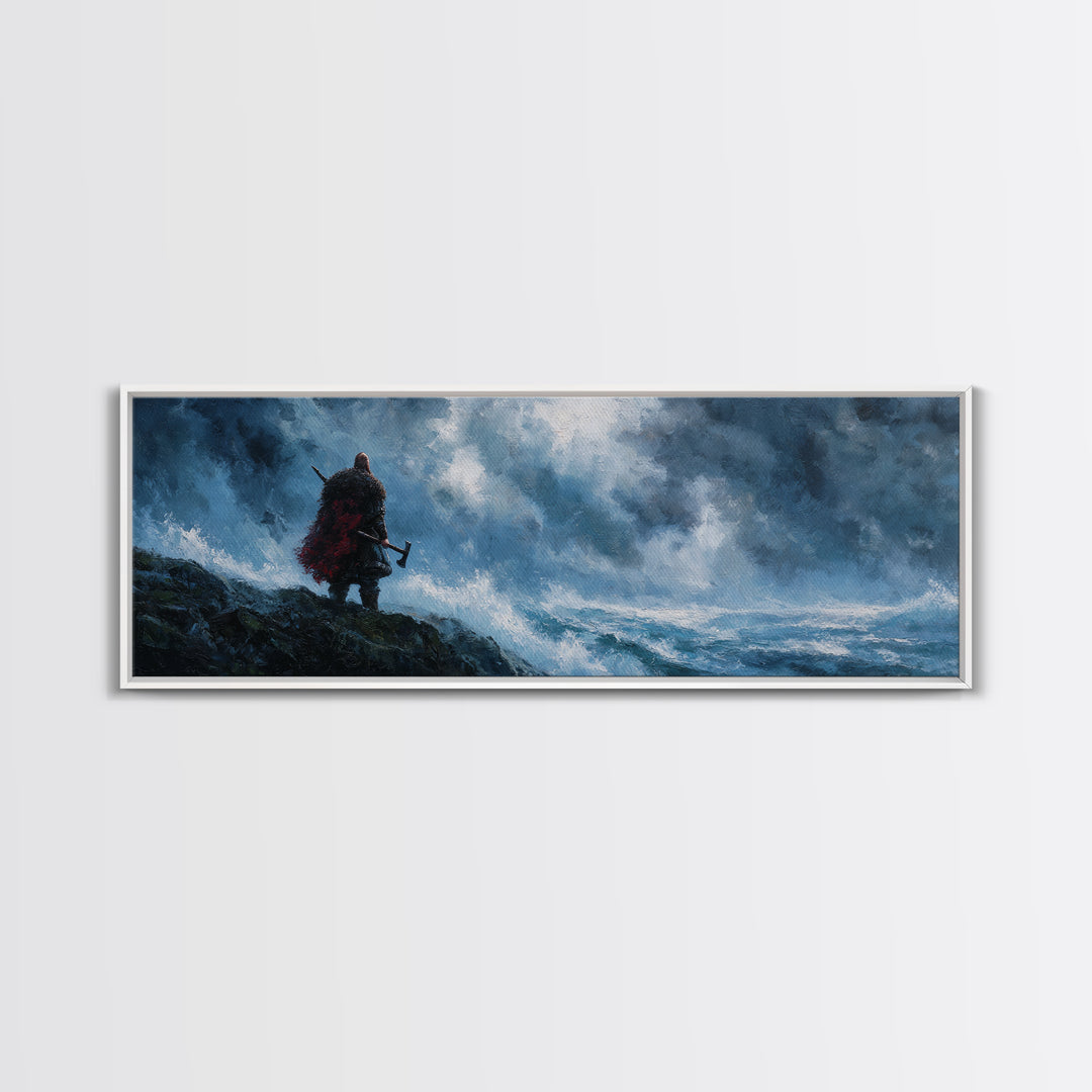 Lone Viking On Stormy Shore Framed Canvas Print, Norse Seascape Wall Art, Moody Coastal Decor, Fantasy Gift For Him, Dramatic Ocean Poster
