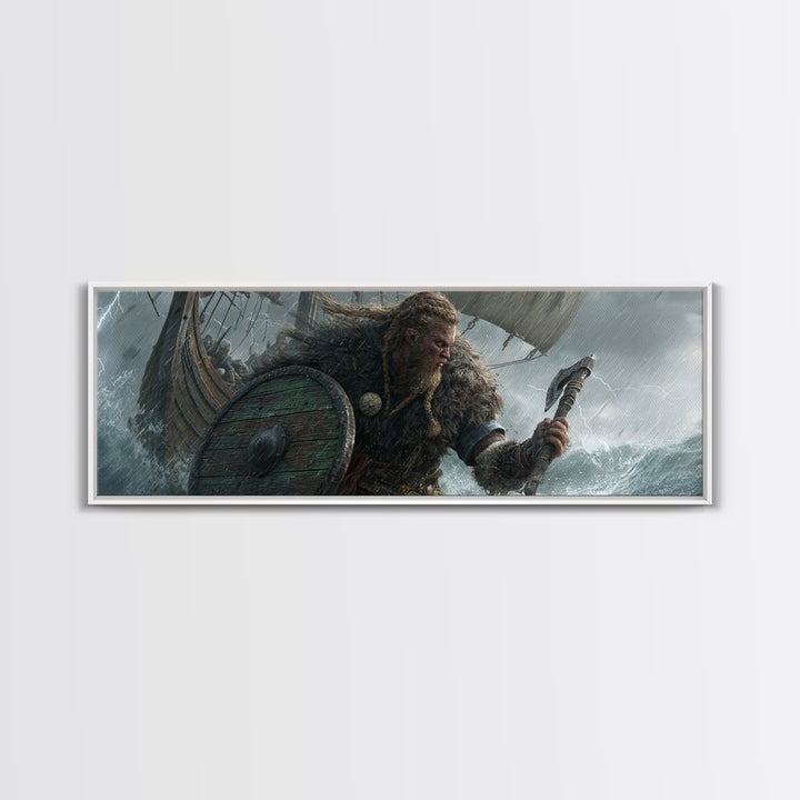 Stormy Viking Warrior At Sea Wall Art, Norse Ship Canvas, Dark Fantasy Decor, Warrior Gift, Nautical Living Room Art, Rustic Home Decor