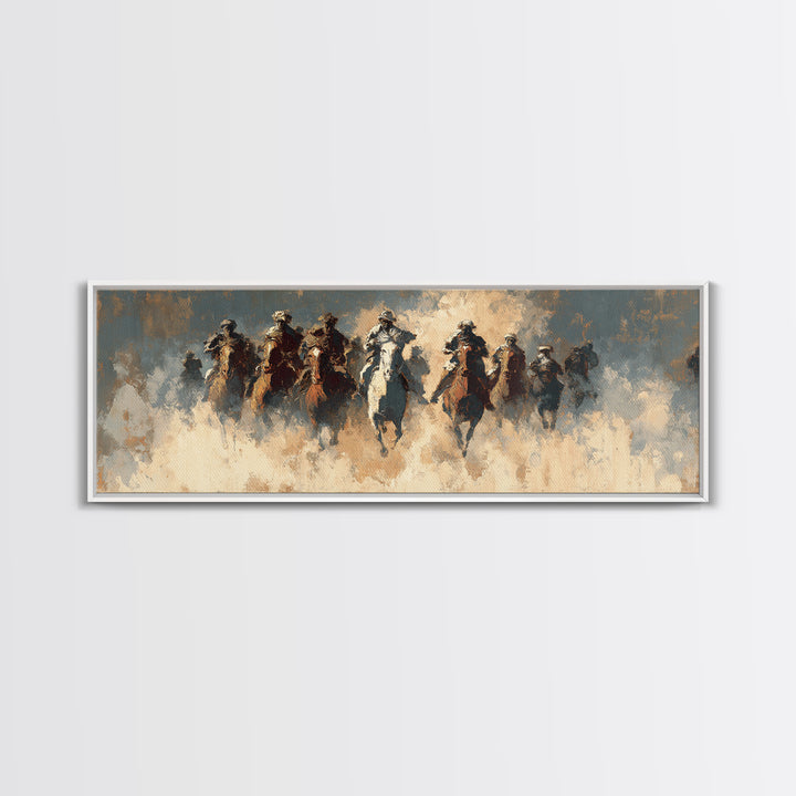 Charging Horsemen In Dusty Plains Wall Art, Abstract Cavalry Battle Painting, Western Decor, Large Horizontal Canvas Print