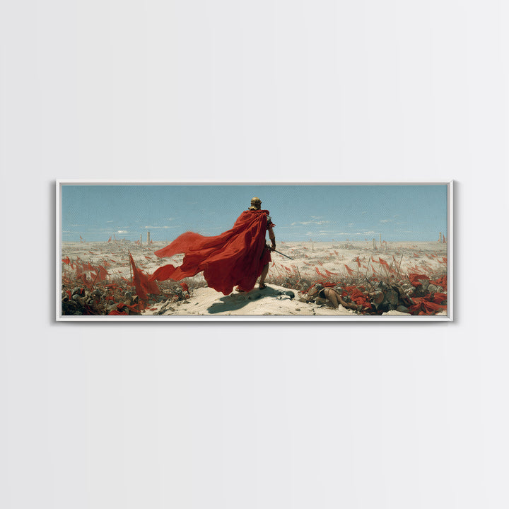 Red Cloaked Commander Over Snowy Battlefield Wall Art, Epic Fantasy Warrior, Historical Canvas Print, Statement Office Decor