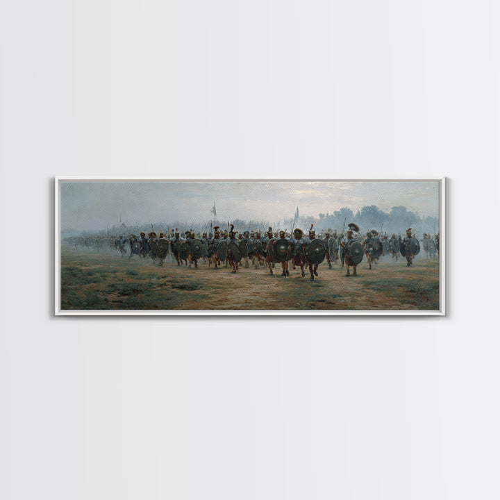 Misty Roman Army March Wall Art, Ancient Warrior Oil Painting Print, Panoramic History Decor, Large Living Room Art For Home Decor