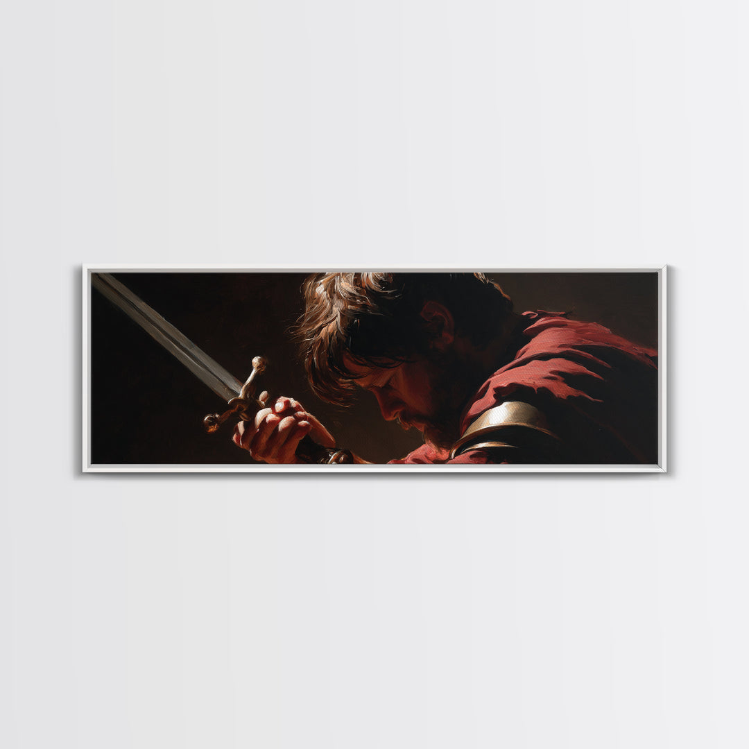 Brooding Warrior Holding Sword Wall Art, Dramatic Baroque Portrait Canvas Print, Masculine Gothic Office And Man Cave Decor