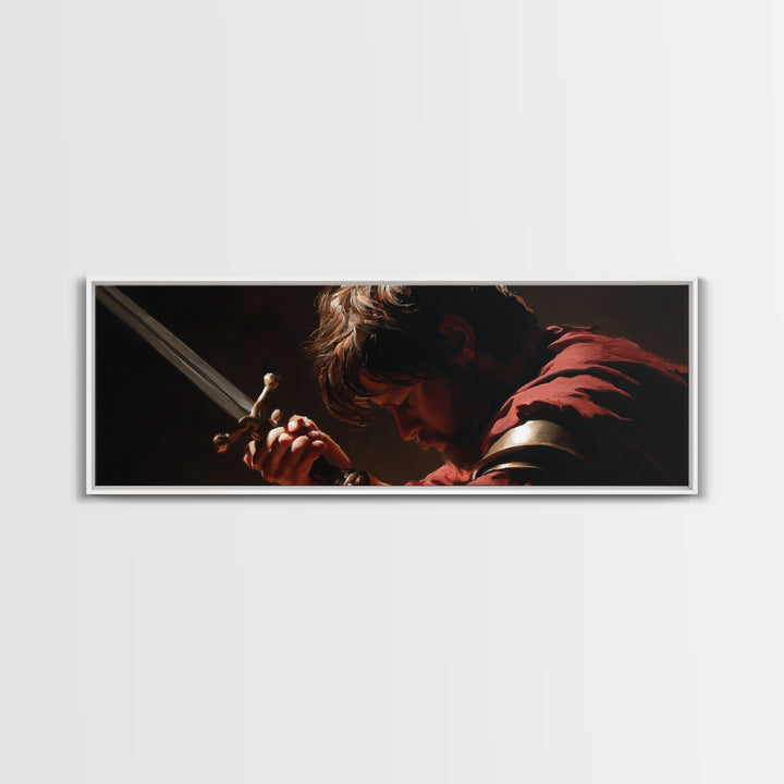 Brooding Warrior Holding Sword Wall Art, Dramatic Baroque Portrait Canvas Print, Masculine Gothic Office And Man Cave Decor