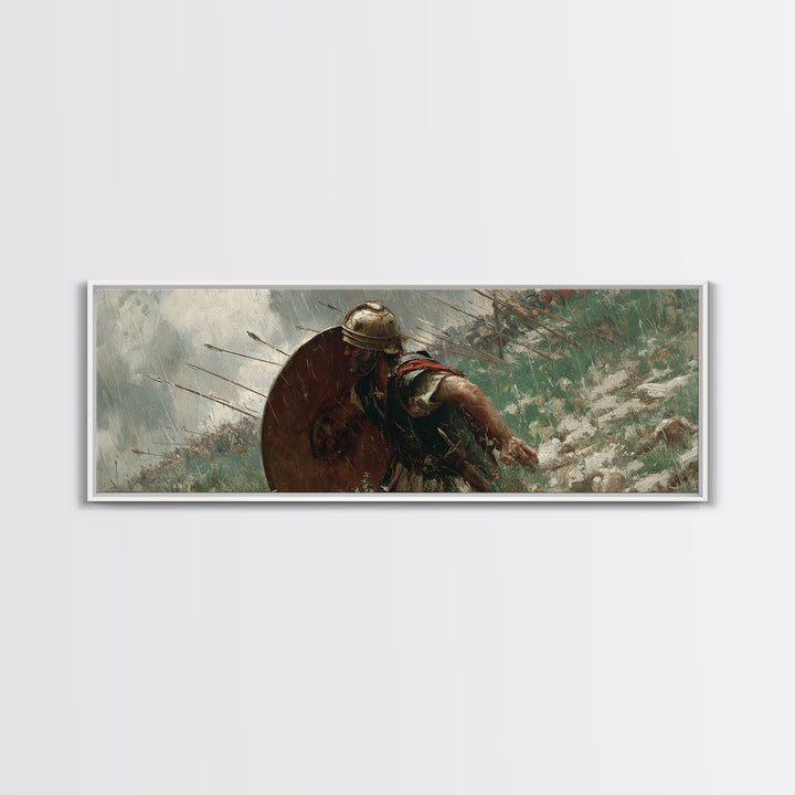 Ancient Shield Warrior Framed Canvas Print, Historical Battle Wall Art, Spartan Soldier Decor, Masculine Office Decor, Gift For Him