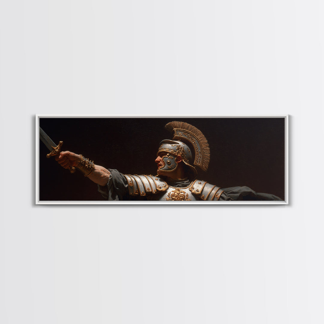 Roman Warrior Sword Portrait Framed Canvas Print, Classical Wall Art, Dark Academia Decor, Mythological Fine Art, Gift For Him