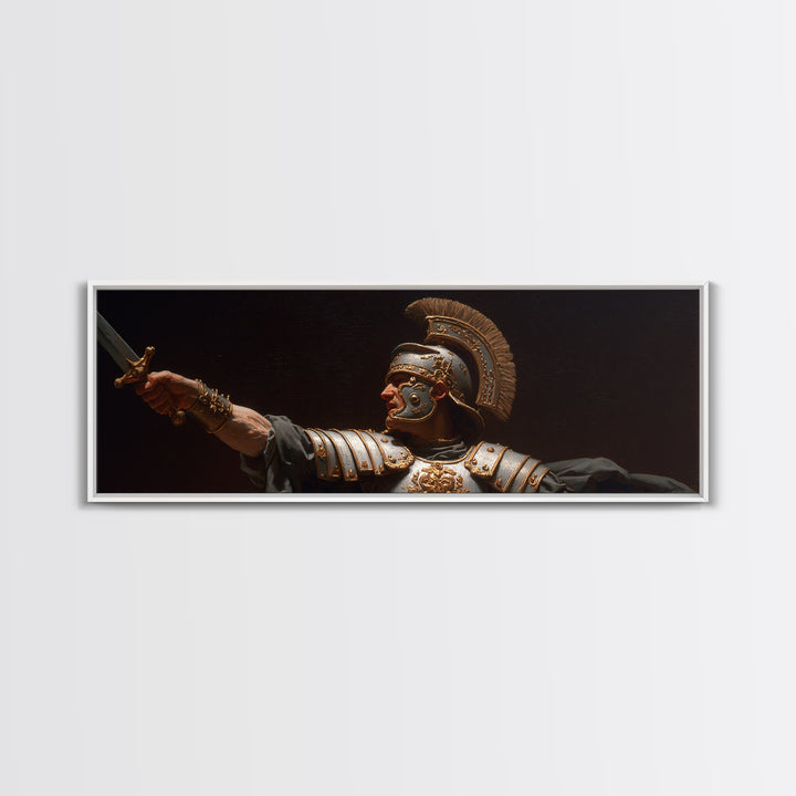 Roman Warrior Sword Portrait Framed Canvas Print, Classical Wall Art, Dark Academia Decor, Mythological Fine Art, Gift For Him