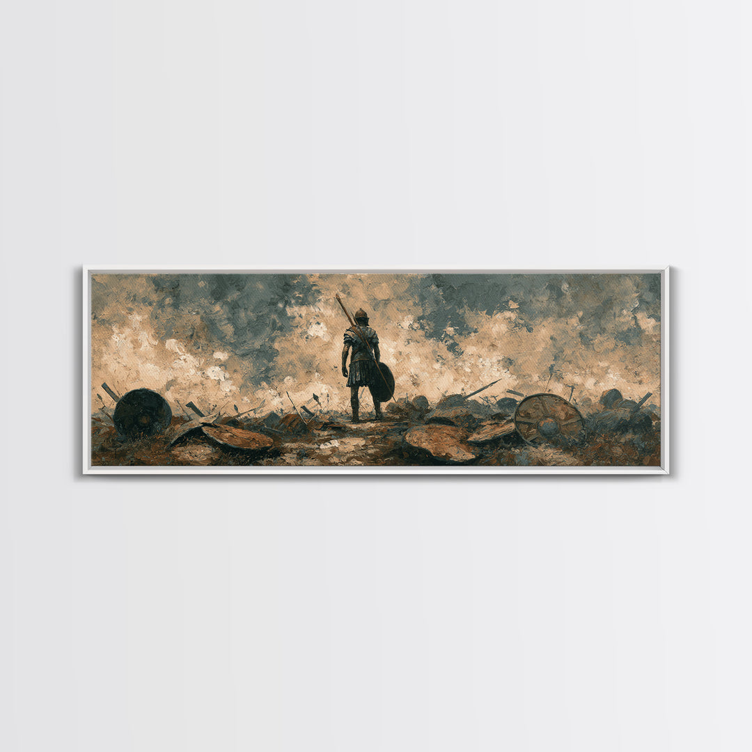 Solitary Warrior On Stormy Battlefield Canvas Print, Historical Wall Art, Moody Office Decor, Dark Academia Gift For Him