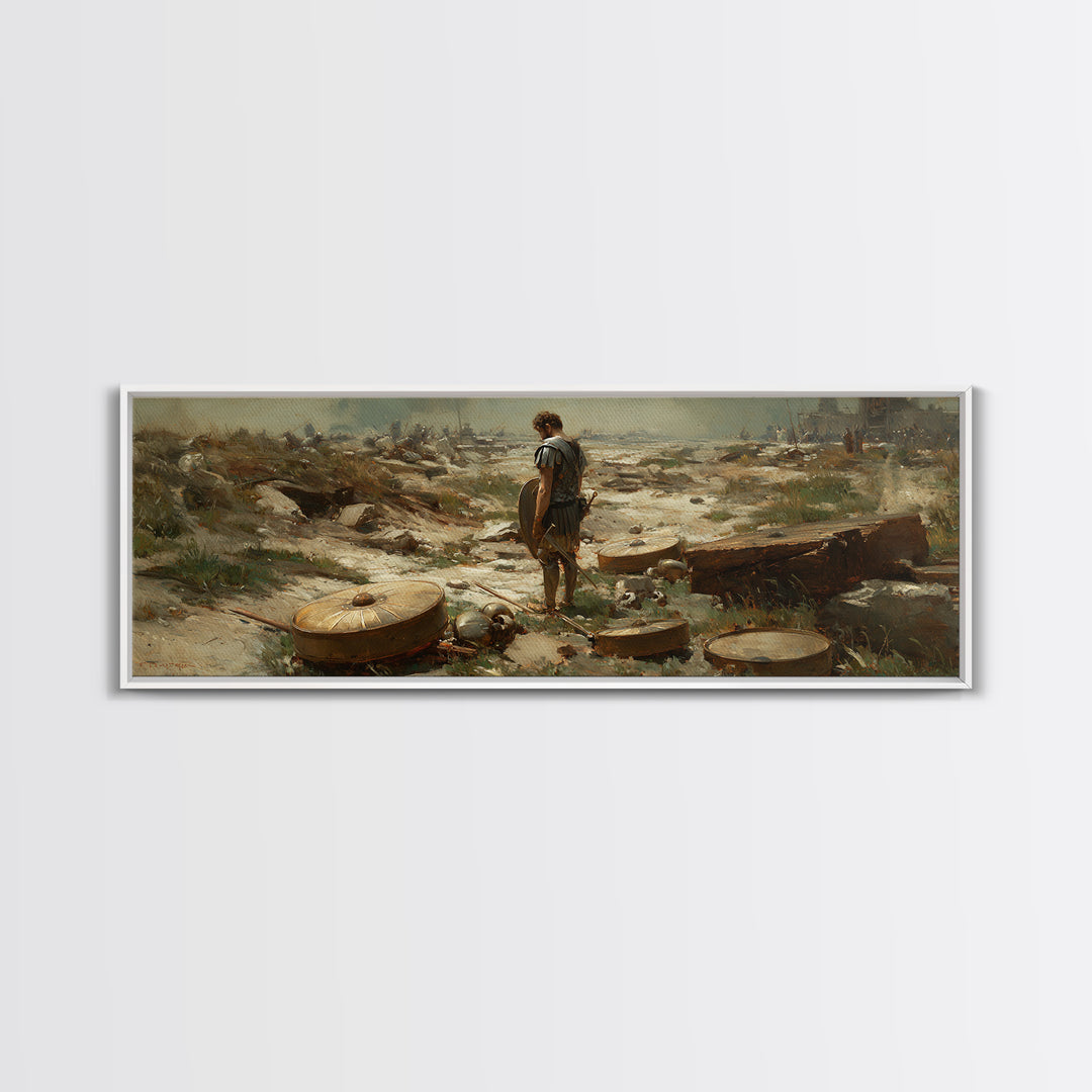 Lone Ancient Warrior Among Shields Wall Art, Roman Battlefield Canvas Print, Historical Decor, Classical Fine Art Prints