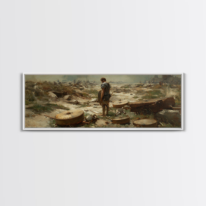 Lone Ancient Warrior Among Shields Wall Art, Roman Battlefield Canvas Print, Historical Decor, Classical Fine Art Prints