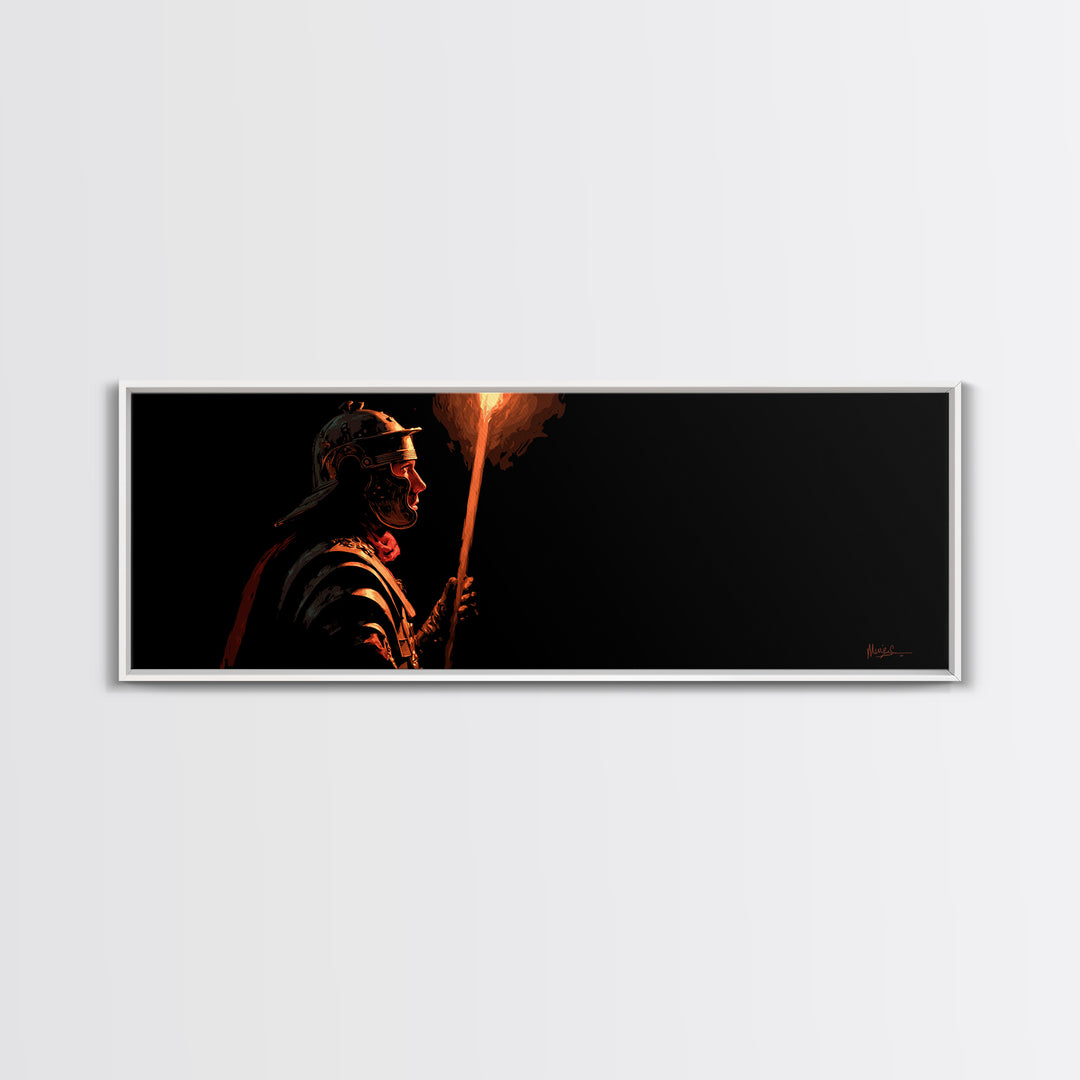 Roman Torch Bearer In Black Canvas Print, Ancient Warrior Wall Art, Dramatic Historical Decor, Masculine Man Cave Gift Print
