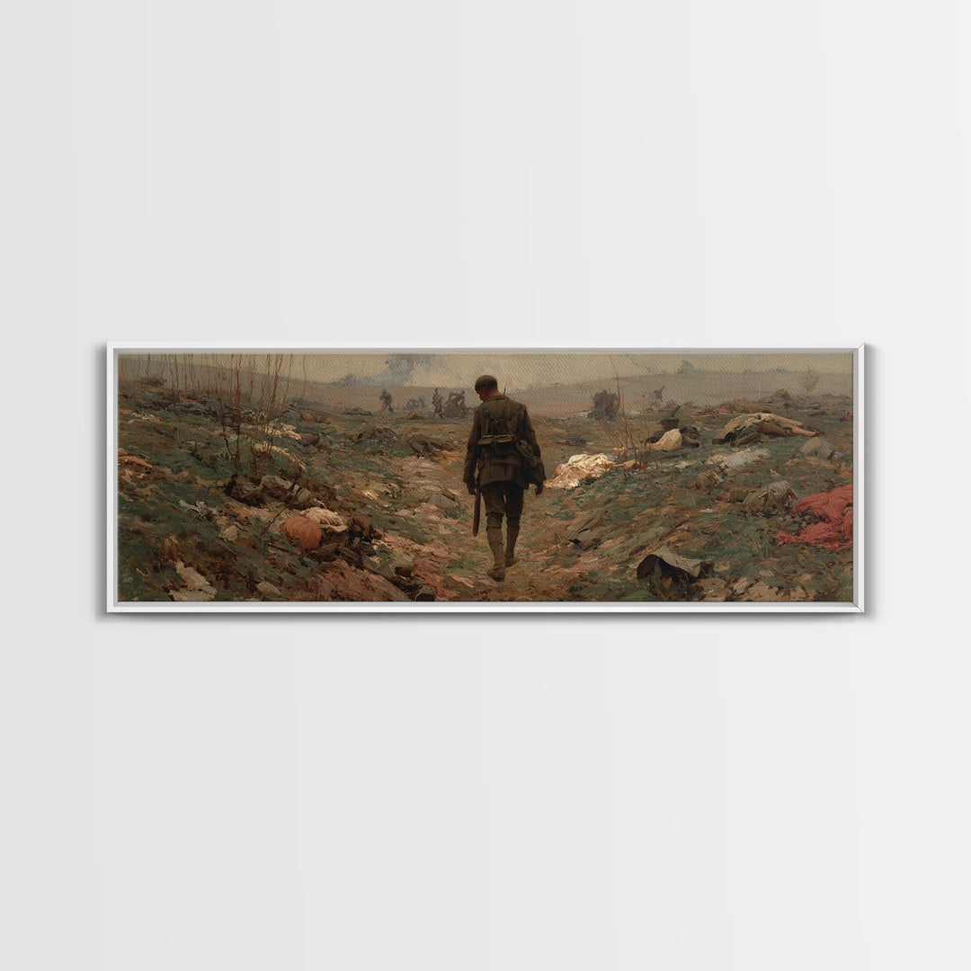 Somber Lone Soldier Battlefield Wall Art, Panoramic Framed Canvas Print, Historical Landscape Decor, Moody Office Wall Art