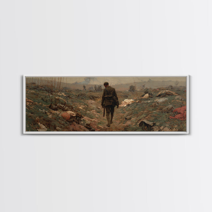 Somber Lone Soldier Battlefield Wall Art, Panoramic Framed Canvas Print, Historical Landscape Decor, Moody Office Wall Art