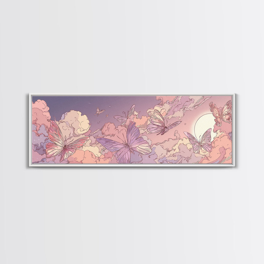 Pink Butterfly Cloudscape Wall Art, Whimsical Celestial Canvas Print, Pastel Nursery Decor, Magical Girls Room Artwork Gift