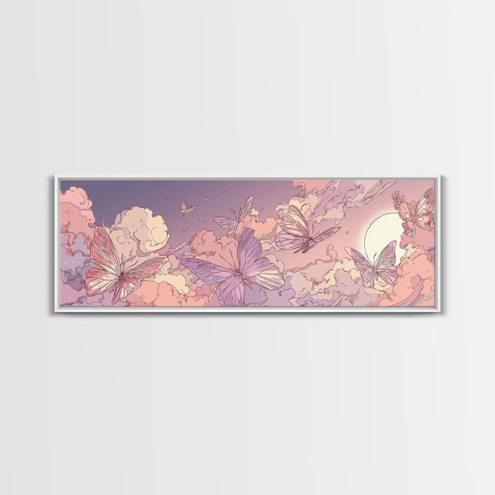 Pink Butterfly Cloudscape Wall Art, Whimsical Celestial Canvas Print, Pastel Nursery Decor, Magical Girls Room Artwork Gift