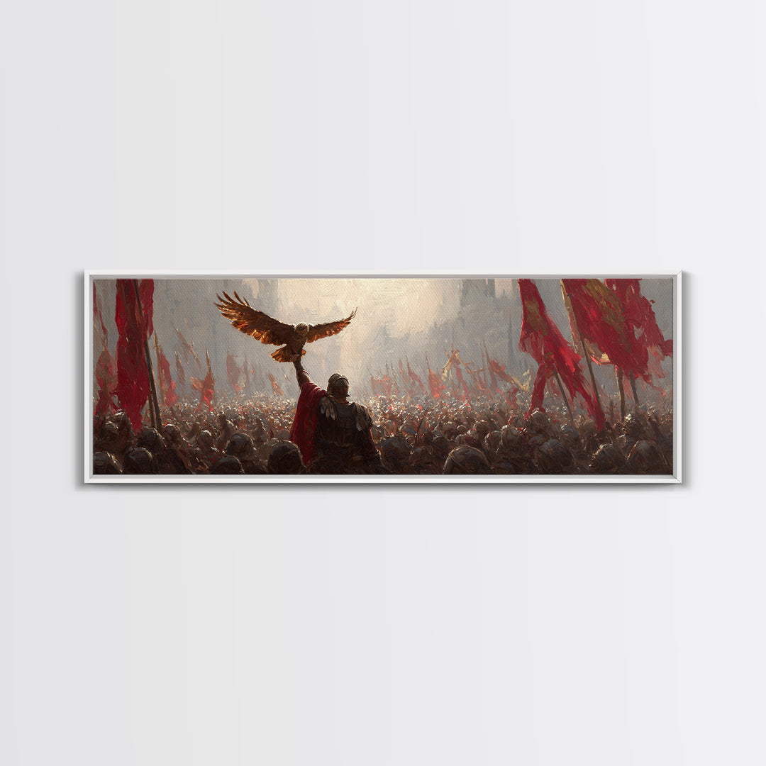 Warrior Raising Eagle Above Red Banners Framed Canvas Print, Epic Battlefield Wall Art, Historical Army Decor Gift For Him