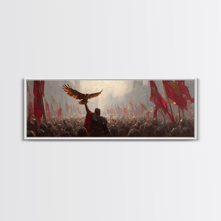 Warrior Raising Eagle Above Red Banners Framed Canvas Print, Epic Battlefield Wall Art, Historical Army Decor Gift For Him