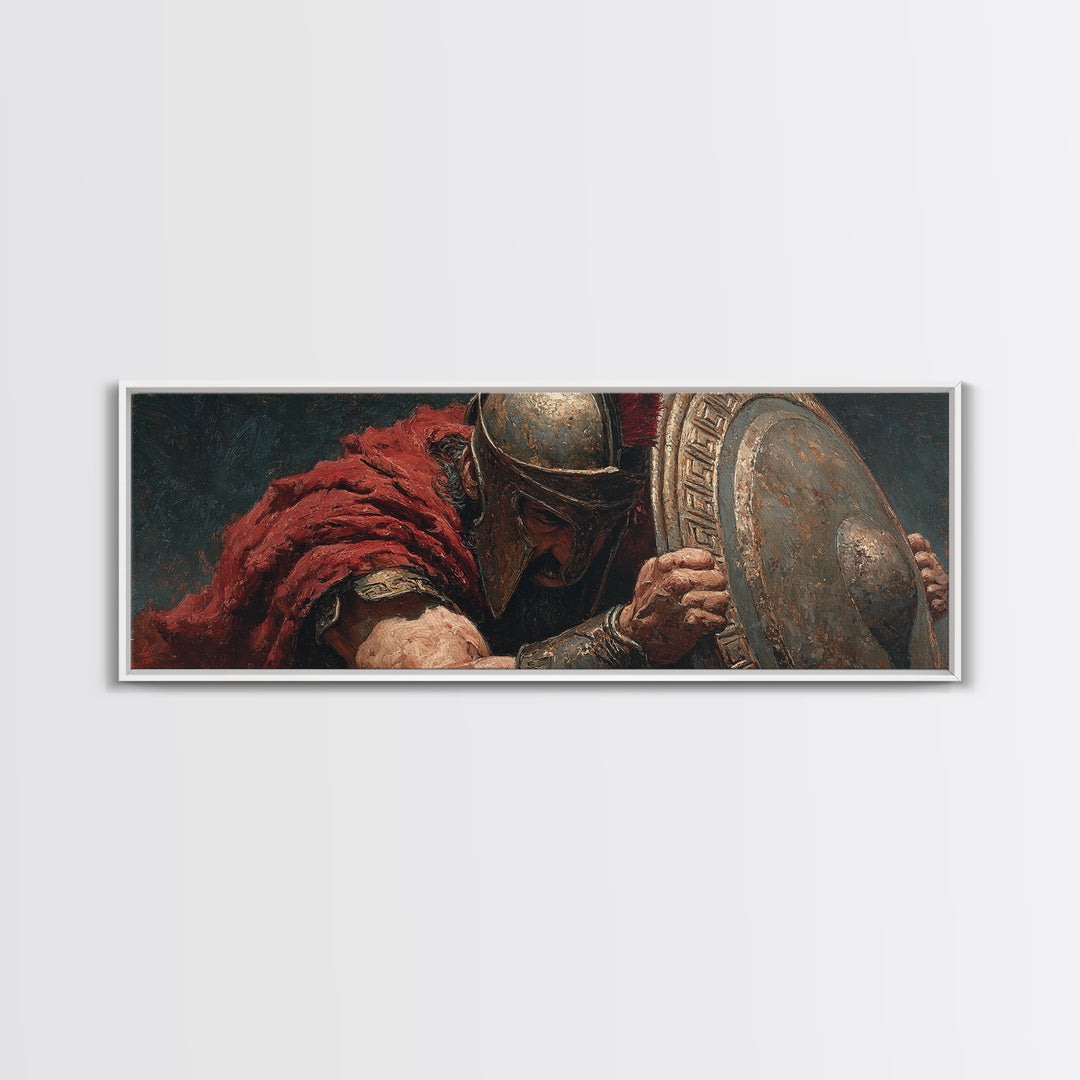 Spartan Warrior With Shield Wall Art, Greek Battle Canvas Print, Dark Masculine Historical Decor For Office And Living Room