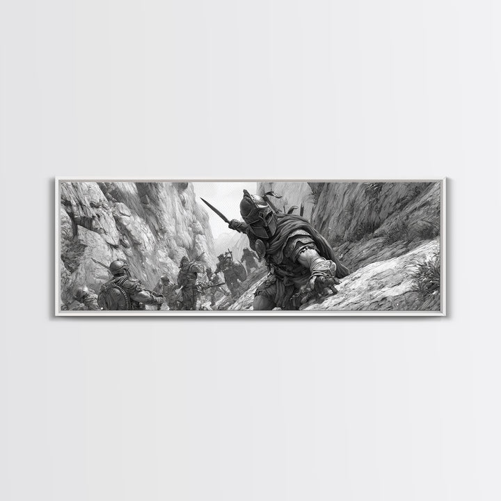 Black And White Canyon Ambush Wall Art, Medieval Warrior Canvas Print, Historic Battle Illustration, Masculine Decor, Office Wall Art