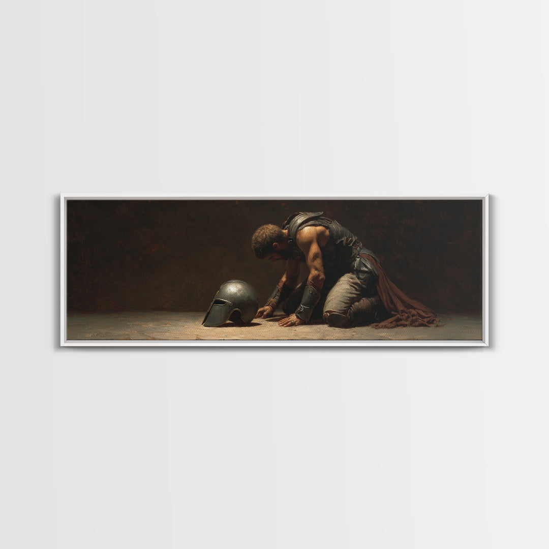 Kneeling Gladiator With Helmet Framed Canvas Print, Dark Academia Wall Art, Classical Warrior Decor, Gift For Him, Office Decor