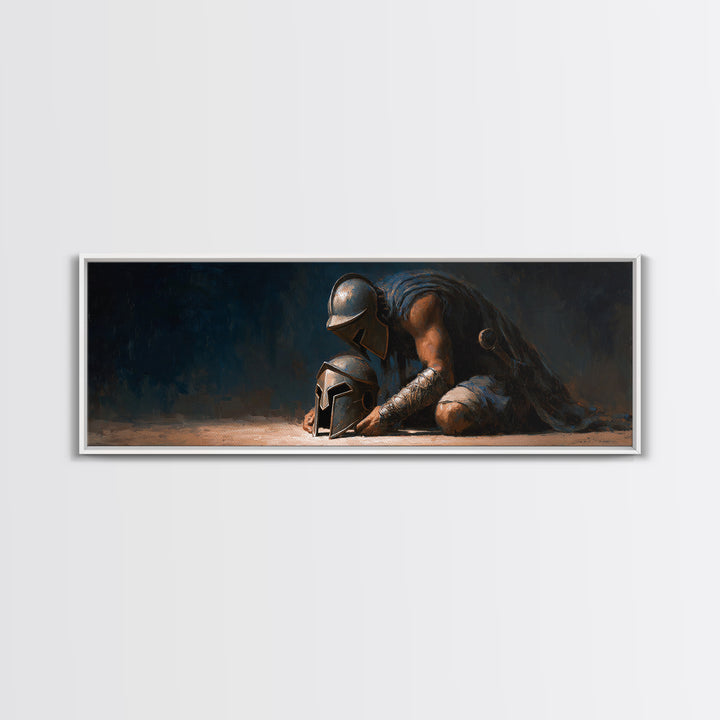 Kneeling Ancient Warrior With Battle Helmets Framed Canvas Print, Dark Fantasy Wall Art For Man Cave Office Decor, Gift For Him