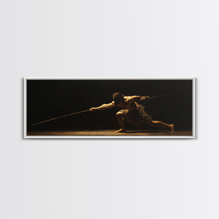 Spear Warrior In Dramatic Shadow Framed Canvas Print, Ancient Fighter Wall Art, Black And Gold Decor, Masculine Office Gift
