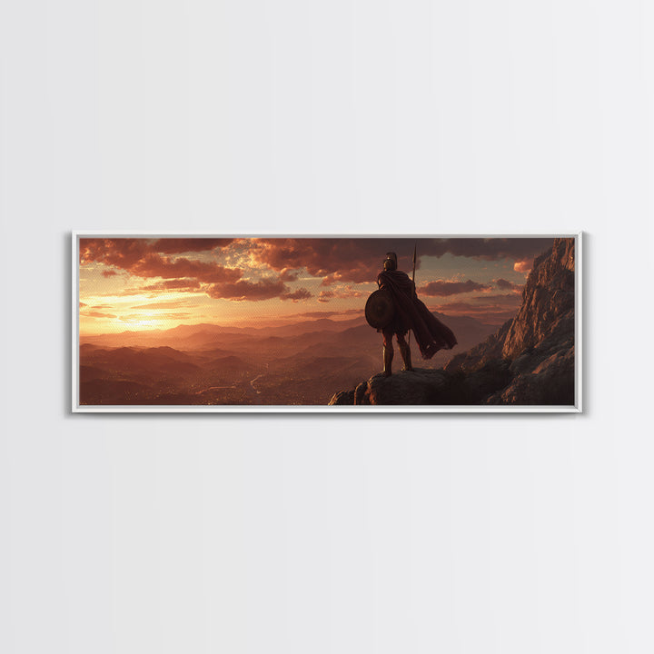 Lone Warrior Over Mountain Valley Sunset Wall Art, Epic Fantasy Landscape, Medieval Adventure Decor, Panoramic Canvas Print