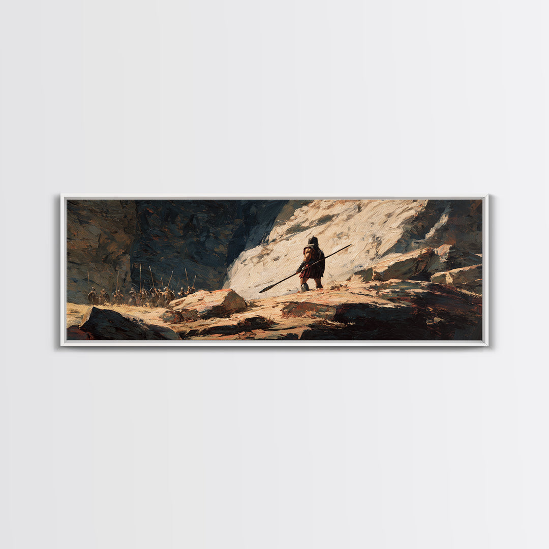 Lone Warrior In Snowy Mountain Pass Canvas Print, Ancient Battle Landscape, Fantasy Wall Art, Rustic Masculine Decor, Large Horizontal Art