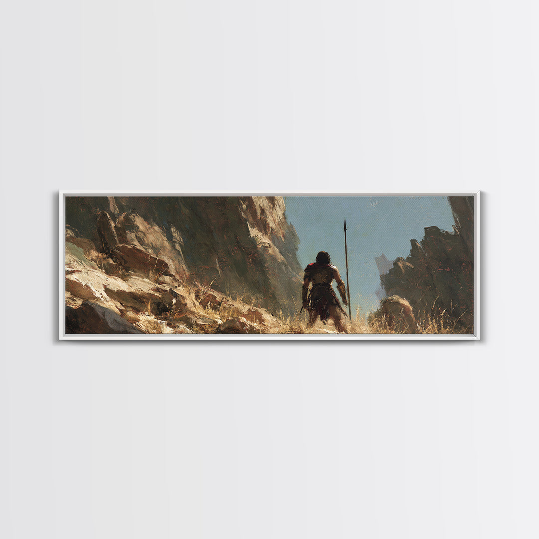 Warrior Crossing Rocky Canyon Wall Art, Ancient Fantasy Landscape Canvas Print, Desert Adventure Decor, Masculine Gift For Him