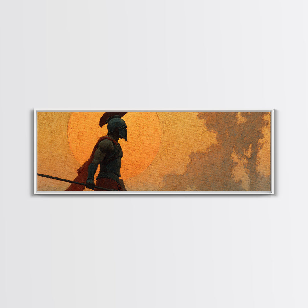 Ancient Greek Warrior Silhouette Wall Art, Spartan Spear Canvas Print, Mythology Decor, Masculine Office Art, Gift For Him
