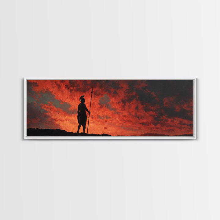 Spartan Warrior Silhouette At Red Sunset Wall Art, Greek Historical Canvas Print, Dramatic Masculine Living Room Decor Gift