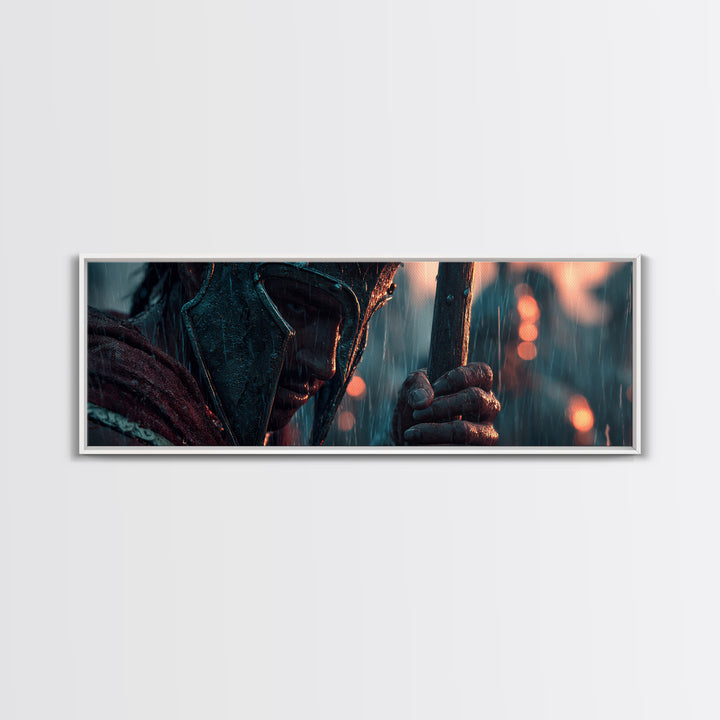 Rain Soaked Armored Warrior Portrait Wall Art, Cinematic Fantasy Canvas Print, Dark Battle Decor, Masculine Office Poster